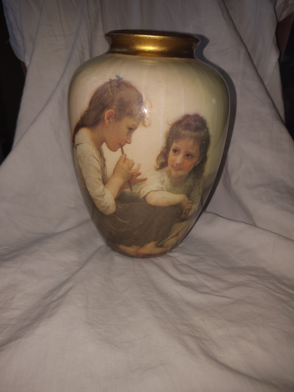 Decoupage Vase- 14kt Gold Trim, 18th Century Girls Flute Painting 8”